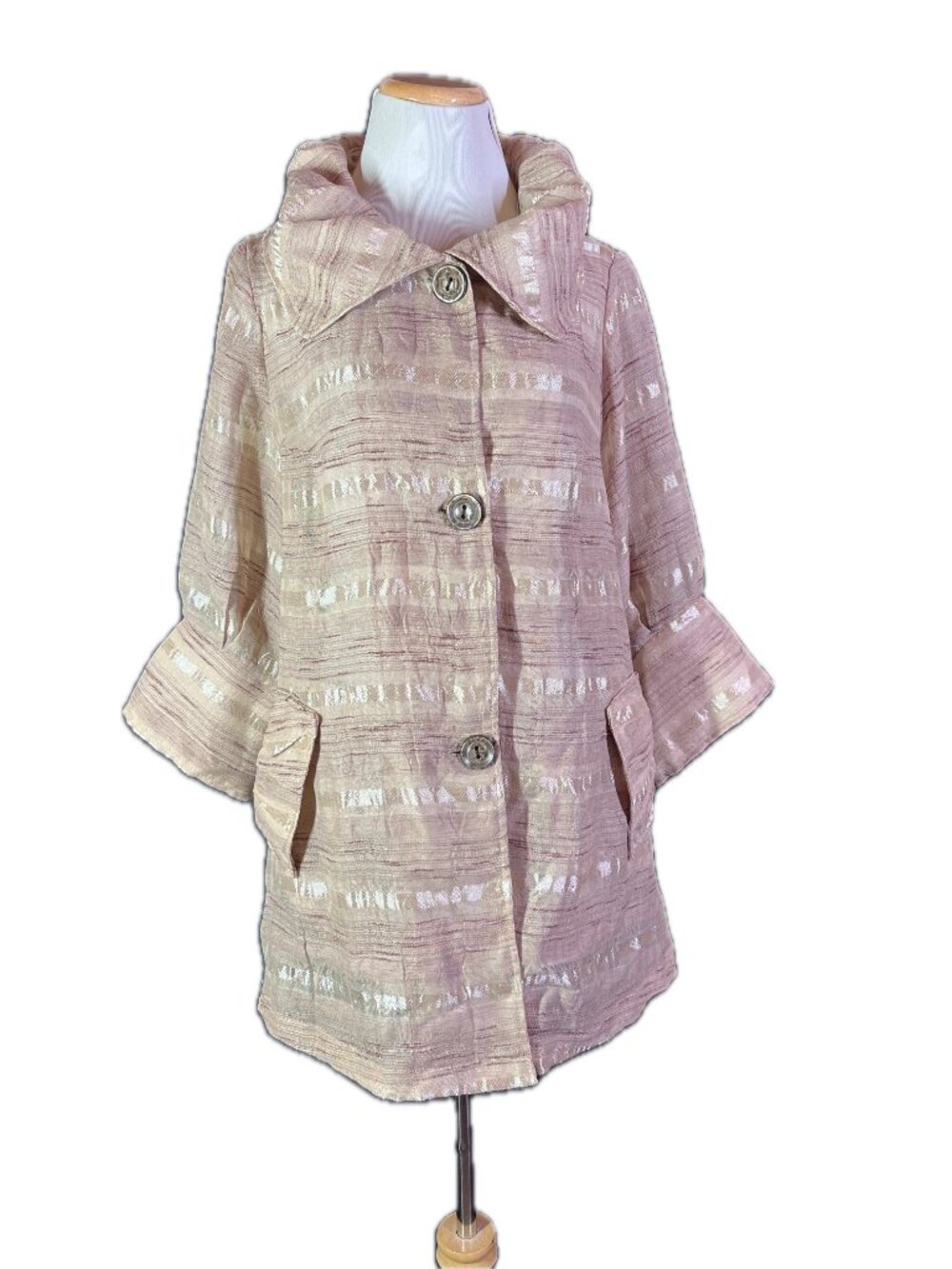 Damee Size L Sheer Striped Tan Gold Jacket 3/4 Sleeves Pockets Button-Front